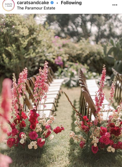 Blue Tablescape, Summer Ceremony, Wedding Walkway, Magenta Wedding, Bright Wedding Colors, Red Wedding Theme, Hot Pink Weddings, Aisle Flowers, Pink Wedding Theme