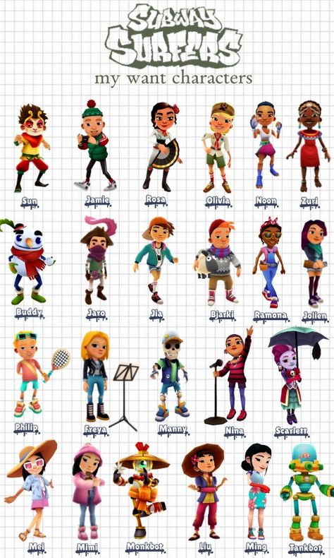 subway surfers check-list my wanted characters: sun, Jamie, rosa, Olivia, noon, zuri, Buddy, Jaro, Jia, Bjarki, Ramona, Jolien, Philip, freya, Manny, Nina, Scarlett, Mei, Mimi, Monkbot, Liu, Ming, Tankbot (1 part) Yutani And Jake Subway Surfers, Miss Maia Subway Surfers Fanart, Miss Maia Subway Surfers, Subway Surfers Cosplay, Subway Surfers Pfp, Subway Surfers Characters, Subway Surfers Fanart, Surfer Costume, Carnaval Costumes