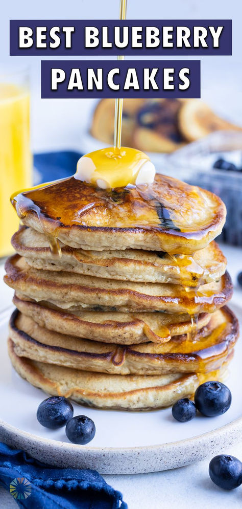 Bring a fruity twist to a classic breakfast treat with these simple Blueberry Pancakes, which can be made in 30 minutes or less! Frozen Blueberry Pancakes, Best Blueberry Pancakes, Honey Eggs, Fluffy Blueberry Pancakes, 30 Minute Meals Healthy, Blueberry Pancakes Recipe, Simple Pantry, Classic Breakfast, Recipe Simple