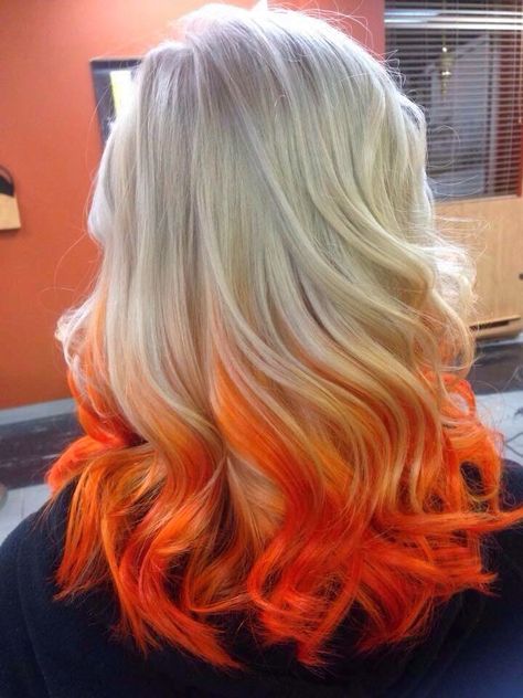 Blonde and Orange hair Orange To Blonde Hair, Orange Ombre Hair, Kelly Hair, Orange Hair Dye, Flame Hair, Cheveux Oranges, Hair Color Orange, Dip Dye Hair, Dyed Blonde Hair