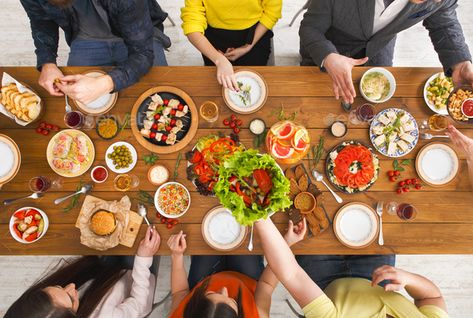 People eat healthy meals at served table dinner party by Prostock-studio. Friends dinner table top view. People eat healthy food together, home party#served, #table, #dinner, #meals Picnic Art, Sacrificial Lamb, Food Layout, Round Wooden Tray, Wood Serving Platter, Friends Dinner, Diy Background, Table Top View, Table Dinner