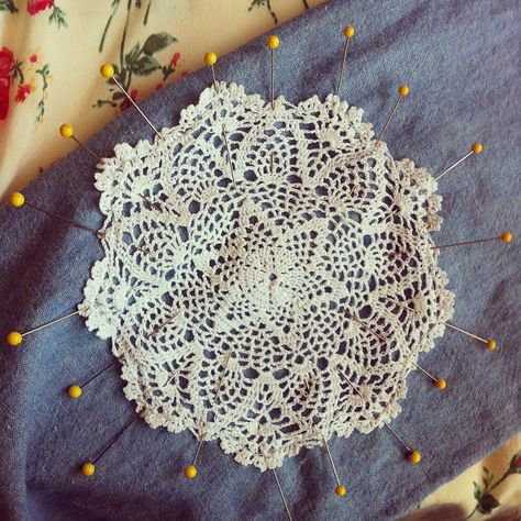 sketchy notions: doilies and denim.  Gonna do this with some old jeans! Doilies On Jeans, Repurpose Doilies Upcycle, Denim And Daisies, Embroidered Doilies Repurposed, Denim And Lace Coats & Jackets, Upcycle Sweatshirt, Simple Sweatshirt, Denim Crafts Diy, Diy Sweatshirt