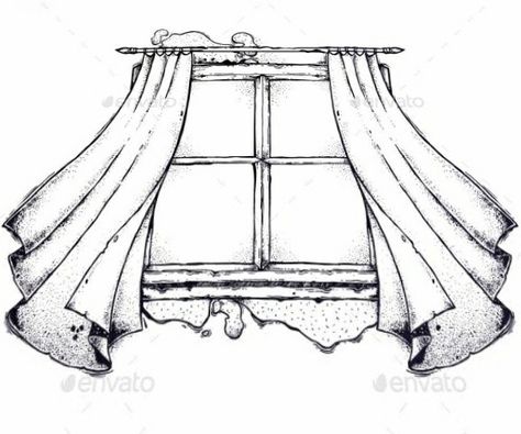 Wind Sketch, Curtains Blowing, Window With Curtains, Window Sketch, Drapery Drawing, Vintage Line Art, Curtain Drawing, Window Illustration, Window Drawing