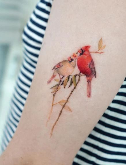 120 Cardinal Tattoo Ideas That Will Give Your Ink Meanings Cardinal Pair Tattoo, 2 Cardinals Tattoo, Male And Female Cardinal Tattoo, Small Cardinal Tattoos For Women, Cardinal Feather Tattoo, Memorial Tattoo For Mom, Small Cardinal Tattoo Memorial, Cardinal Tattoo Ideas, Cardinal Bird Tattoos