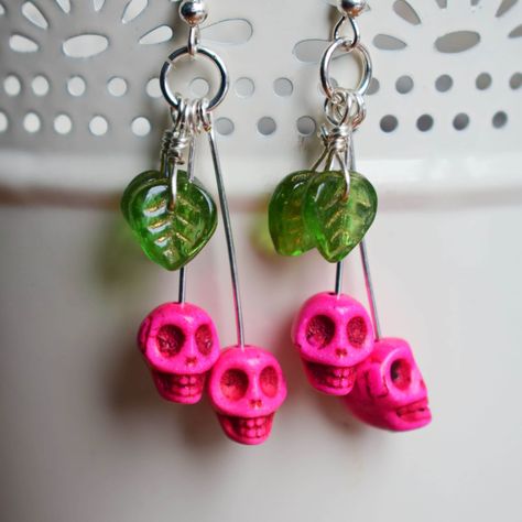 Skull Cherry Earrings in Hot Pink or Black, Whimsigoth Jewellery Whimsigoth Aesthetic, Leaf Beads, Cherry Earrings, Aesthetic Halloween, Halloween Jewelry, Make Design, In Hot, Czech Glass, Etsy Gifts