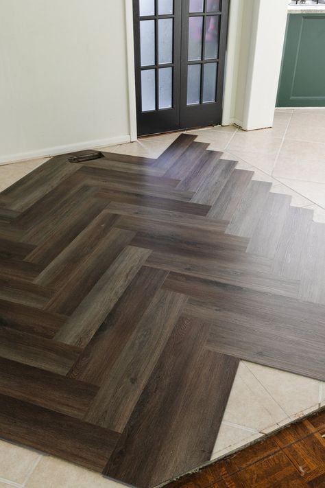 Herringbone Sheet Vinyl Flooring, Laying Vinyl Plank Flooring Over Ceramic Tile, Luxury Vinyl Plank Flooring Herringbone Pattern, Chevron Vinyl Plank Flooring, Herringbone Luxury Vinyl Floor, Herringbone Lvp Flooring, Lvp Herringbone, Herringbone Vinyl Plank Flooring, Entryway Flooring Ideas