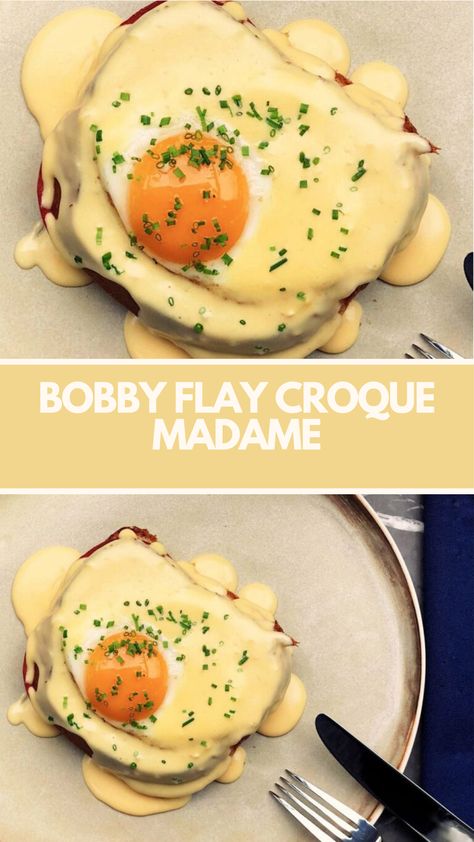 Bobby Flay’s Banana Croque Madame, with butter, flour, milk, gruyere, Parmesan, Dijon mustard, ham, and eggs, is ready in just 35 minutes, serving 6. Croque Madame Recipe, Queso Fundido Recipe, Fundido Recipe, Cheesy Sandwich, Bobby Flay Recipes, Croque Madame, Ham And Eggs, Bobby Flay, Bechamel Sauce