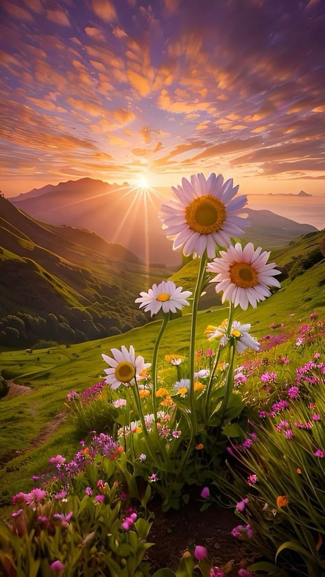 Sunrise Background Aesthetic, Sunsets With Flowers, Sunrise With Flowers, Sunrise Flowers Photography, Flower Field Sunset Aesthetic, Daisy Sunset, Sunrise Wallpaper, Best Nature Images, Photography Love