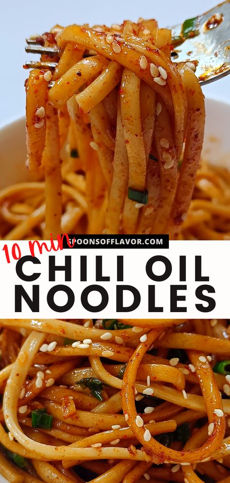 Fork holding delicious chili oil noodles. Garlic Chili Oil Noodles Recipe, Asian Style Spaghetti, East Asian Noodles, Plain Noodles Recipe, Worknight Dinners Easy, Spicy Oil Noodles, Homemade Spicy Noodles, Noodles With Chilli Oil, Pasta With Chili Oil