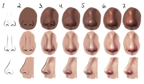 Another step by step, hope you enjoy it! I have in no way perfected the nose painting, and I have different ways of doing them, but here are some. Explanation: 1. Sketch the nose 2. Add the base co... Nose Painting, Drawing Nose, Semi Realism, Digital Painting Techniques, Nose Drawing, Nose Shapes, Digital Art Beginner, Stickers Kawaii, Makeup Eyes