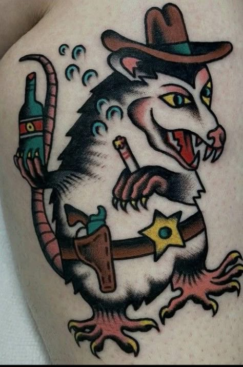 American Traditional Raccoon Tattoo, Traditional Possum Tattoo, Traditional Pig Tattoo, Traditional Raccoon Tattoo, American Traditional Cowboy Tattoo, Traditional Cowboy Tattoo, Trumpet Tattoo, Possum Art, Traditional Bear Tattoo