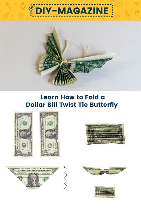 How to Make a Money Twist Tie Butterfly Butterfly Dollar Bill, Money Butterfly Origami, Small Money Bouquet, Money Tower, Dollar Folding, Oragami Money, Money Butterfly, Butterfly Money, Origami Dollar Bill