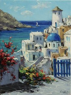 Grece Paintings, Santorini Greece Painting Easy, Greece Canvas Painting, Paintings Of Greece, Greek Landscape Painting, Greece Landscape Painting, Santorini Greece Painting, Santorini Painting, Paint On Canvas For Beginners