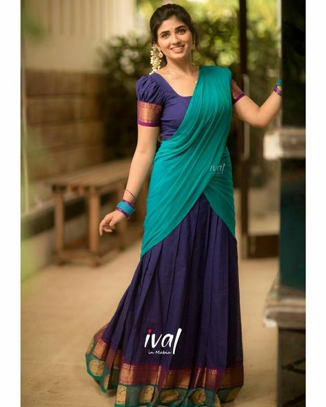 Maroon Dress Combination, Tamil Saree Jacket Designs, Pavadai Thavani Design, Vishu Outfits, Pavadai Thavani, Pragya Nagra, Saree Jacket Designs, Silk Saree Blouse Designs Patterns, Blue Blouse Designs