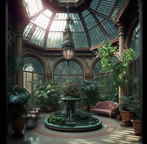 Victorian Conservatory Aesthetic, House Of Roots And Ruin, Large Conservatory Ideas, Ornate Greenhouse, Home Solarium, Solarium Library, Victorian Atrium, Fairytale Greenhouse, Moonlit Conservatory