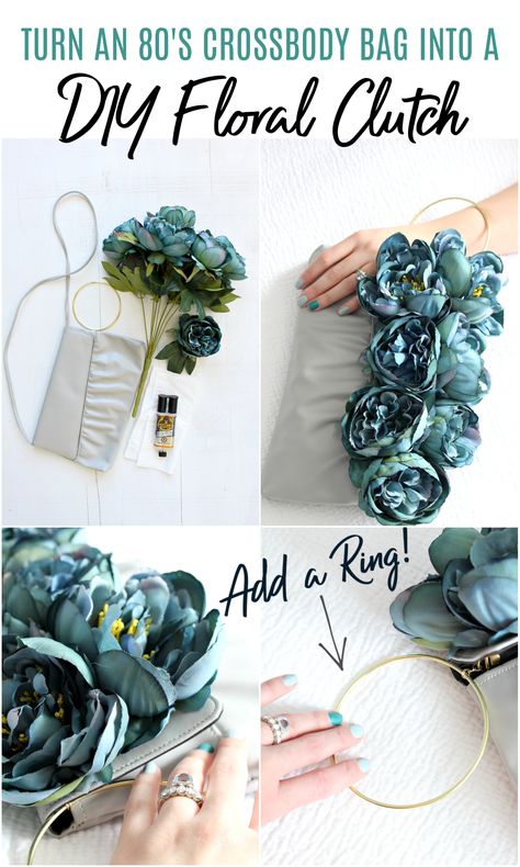 DIY Faux Flower Clutch Makeover - a Cute Floral Purse Project Diy Bow Clutch Purse, Homemade Clutch Purse, Purse Upcycle Diy, Diy Wedding Clutch Purse, Diy Clutch Purse Tutorial, Clutch Diy Tutorial, Clutch Purse Pattern Free, Diy Fashion Crafts, Diy Evening Bag