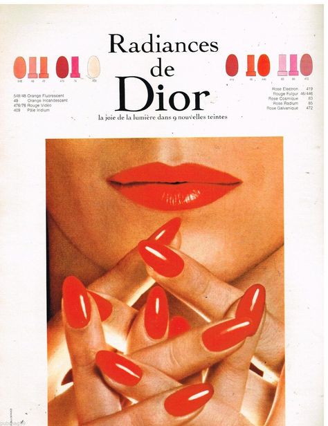 Christian Dior Maquillage Radiances1968 Vintage Nail Ads, 1960 Nails, Cosmetics Ads, Historical Makeup, Dior Nail Polish, Vintage Makeup Ads, Vintage Editorials, Beauty Ads, Beauty Advertising