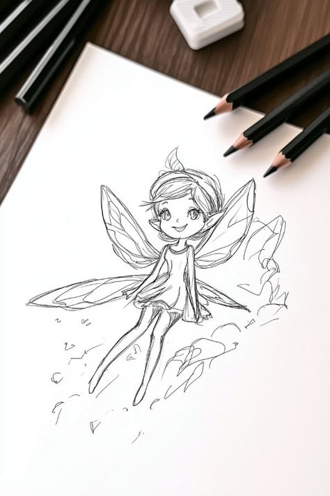 Fairy Land Drawing, Little Sketches, Fairy Sketch, Drawing Grid, Magical Characters, Floating In The Air, Sketches Ideas, Fantasy Drawings, Your Drawing