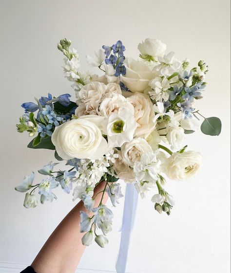 Something Blue Flowers, Blue Themed Bouquet, Wedding Florals With Blue, Blue White Bouquet Wedding, White Blue Bridal Bouquet, Dusty Blue Flower Arrangements, White And Blue Bouquet Wedding, Dusty Blue Flowers Bouquet, White And Blue Wedding Florals