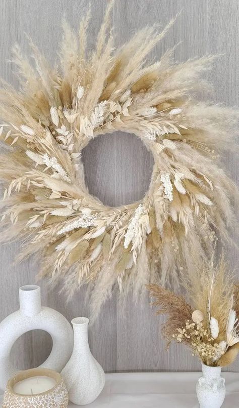 dimensional neutral wreath Crescent Moon Wreath Pampas, Boho Raffia Wreath, Dried Gypsophilia Wreath, Pampas Wreath Living Room, Pampas Grass Wreath Living Room, Pampas Grass Fan Wreath, Pamapas Grass Wreath, Pampass Wreath In Bedroom, Faux Pampas Grass Wreath