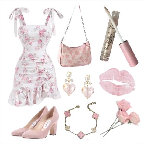 pink rose flower outfit dress outfit soft girl🌸 Soft Floral Aesthetic Outfits, Pastel Pink Aesthetic Outfits, Elegant Pink Outfit, Pink Soft Girl Aesthetic, Pink Roses Aesthetic, Girly Aesthetic Outfit, Outfit Soft Girl, Sofia Grace, Cherry Blossom Outfit