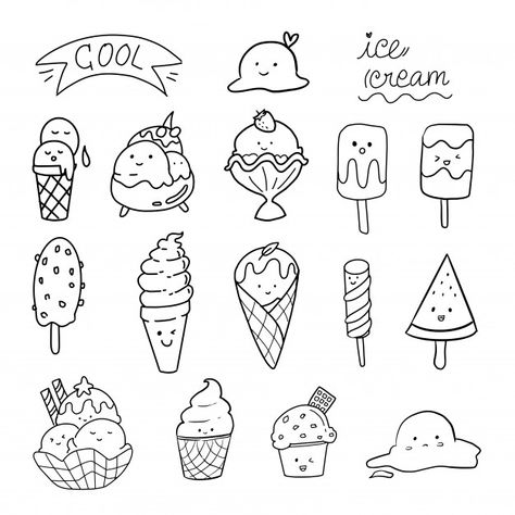 Ice cream cute doodle set collection kaw... | Premium Vector #Freepik #vector #food #vintage #design #cartoon Cute Ice Cream Drawing, Draw Ice Cream, Ice Cream Cute, Ice Cream Cartoon, Food Vintage, Arte Doodle, Colorful Ice Cream, Hello Kitty Crafts, Watercolor Beginner