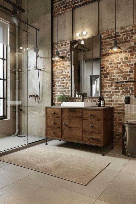 Tiny Industrial Bathroom, Industrial Bathroom Decor Ideas, Industrial Chic Bathroom, Modern Industrial Bathroom Design, Industrial Cottage Style, Concrete Bathrooms, Industrial Condo, Modern Industrial Bathroom, Bathroom Industrial Chic