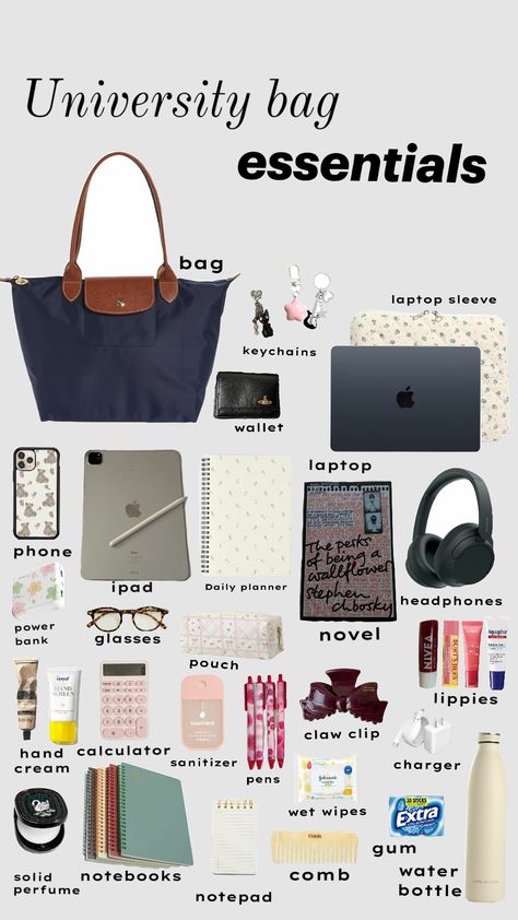 #university #bagessentials University Essentials List, Things To Pack For College, University List Packing, Whats In My Bag Uni Student Aesthetic, School Supplies University, Uni Essentials Packing Lists, Boarding School Essentials, Study Bag Essentials, What's In My College Backpack