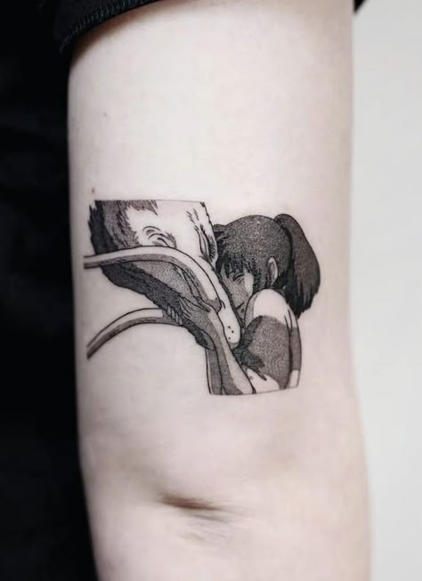 Anime Scene Tattoo, Weathering With You Tattoo, Haku And Chihiro Tattoo, Turnip Head Tattoo, Movie Inspired Tattoos, No Face Tattoo, Haku Tattoo, Haku And Chihiro, Haku Chihiro