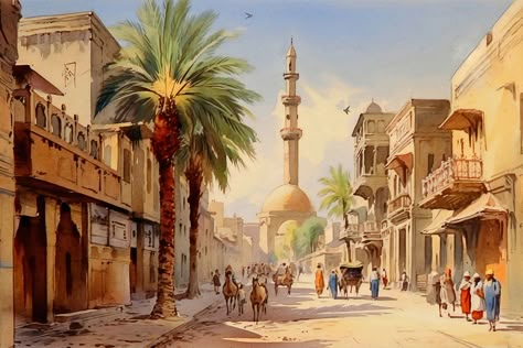 Islamic Landscape, Egypt Painting, Egypt Landscape, Egypt Drawing, Panorama Landscape, Arab Art, Arabic City Concept Art, Arabian Landscape, Ancient Arabian Architecture