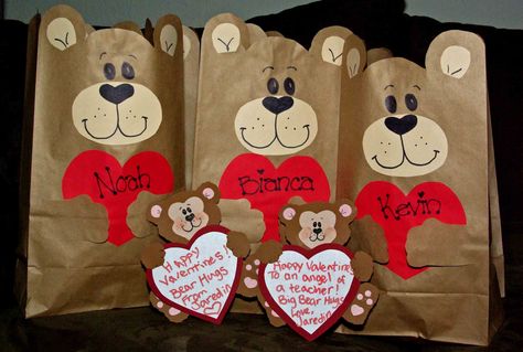 My own creation, Valentine Bear Bags, Valentine's & Romantic Crafts Paper Bag Ideas, Diy Valentine's Treats, Valentines Card Holder, Valentines Day Bags, Kindergarten Valentines, Paper Bag Crafts, Valentines Gift Bags, Preschool Valentines, Valentine Crafts For Kids