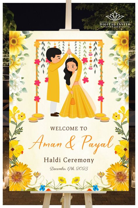 This Haldi Welcome with beautiful Indian bride décor includes a digital template for any of your functions of your Indian Welcome Sign for your Ladies Sangeet, Mehendi Party, Sangeet Di Raat, Sangeet Ceremony, Wedding Sangeet Sign or Punjabi Wedding Sangeet Signage that could suit your Wedding Decoration, complemented with musical instrument! Haldi Ceremony Decorations, Unique Wedding Signs, Digital Wedding Invitations Design, Haldi Decor, Indian Wedding Invitation Card Design, Funny Wedding Invitations, Wedding Entrance Decor, Indian Wedding Invitation Cards, Wedding Invitation Video