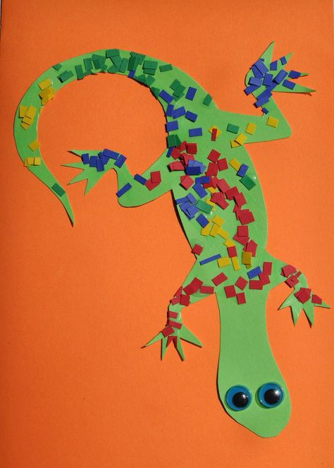 These bright lizard pictures look great pinned on the kitchen fridge.  And they are so straightforward to produce that with a little preparation toddlers and preschoolers will have no trouble with this activity. A great project for a "Letter L" theme in the classroom - or a quick and easy activity to entertain your little artist. Lizard Craft, Reptile Crafts, Desert Crafts, Rainforest Crafts, Crafts Kindergarten, Preschool Jungle, Rainforest Activities, Jungle Crafts, Rainforest Theme