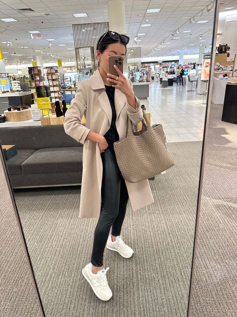 faux leather leggings + draped trench coat + white sneakers outfit // nordstrom sale new balance 574 sneakers Petite Fall Outfits, New Balance 574 Sneakers, Petite Boots, White Sneakers Outfit, Steve Madden Flats, Extra Petite, Flattering Jeans, Nordstrom Sale, Coat White