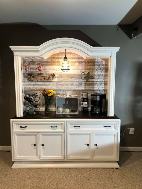 China Cabinet Redo Coffee Bar, China Cabinet Redo Coffee Stations, Hutch Coffee Bar Ideas, Hutch Makeover Coffee Bar, Coffee Hutch Ideas, Armoire Diy, Wine And Coffee Bar, Built In China Cabinet, Coffee Cabinet