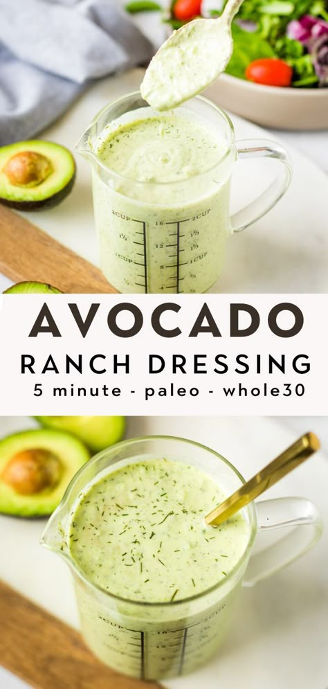 Easy Avocado Ranch Dressing, Paleo Dressing, Avocado Ranch Dressing, Healthy Dip, Vegan Ranch Dressing, Avocado Ranch, Paleo Salads, Ranch Dressing Recipe, Salad Dressing Recipes Homemade