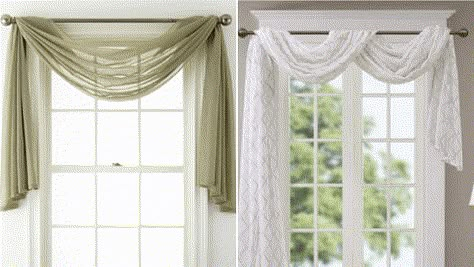 6 Inspiring Curtain Ideas For Your Living Room - Curtains Up Blog | Kwik-Hang Living Room Window Valance Ideas, Window Scarves Ideas Scarf Valance, Drape Curtain Ideas, Scarf Valance Ideas Living Rooms, Curtain Scarf Ideas For Living Room, Draped Curtains Living Room, Valance Ideas For Living Room, Curtain Ideas For Windows, Decorative Curtains Ideas