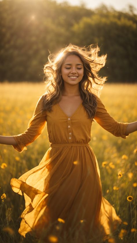 A radiant morning, a lovely girl graces a field of blossoms, bathed in the gentle embrace of the rising sun. Mustard Bridesmaid Dresses, Flag Photoshoot, Photo Poetry, Free Woman, Basking In The Sun, Morning Sunlight, Photoshoot Themes, The Muse, Beautiful Images Nature