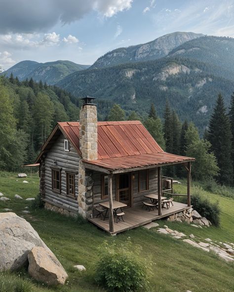 Mountain Hideaway 🏔️🏡 Family Cabin Exterior, Mountain Home Aesthetic, Square Log Cabin, Dry Cabin, Remote Cabin, Inspirational Homes, Farm Cabin, Rustic Cabins, Old Cabins