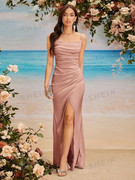 SHEIN Belle Draped Ruched Split Thigh Bridesmaid Dress | SHEIN USA Teal Bridesmaid Dresses, Dusty Pink Dresses, Vestidos Color Rosa, Maid Of Honour Dresses, Striped Tunic Dress, Bridesmaid Dress Colors, Shein Dress, Dress Dusty, Ribbed Knit Dress