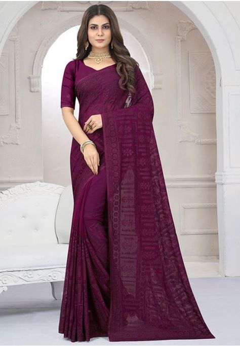 Wine Embroidered Georgette Saree Saree For Engagement, Raw Silk Lehenga, Fancy Saree, Resham Work, Celebrity Gowns, Purple Saree, Indian Designer Sarees, Traditional Saree, Embroidered Saree