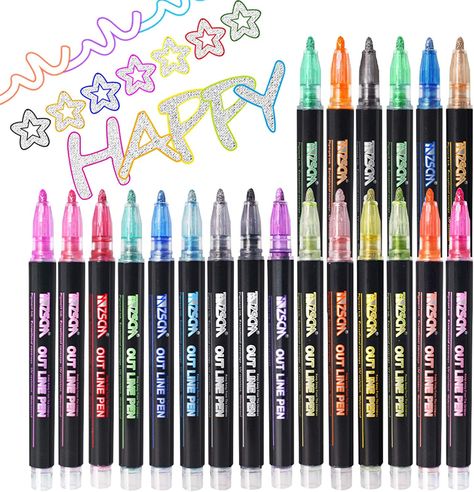 Outline Markers, Diy Crafts For School, Metallic Markers, Drawing Pens, Writing Drawing, Creating Artwork, Highlighters Markers, Office Crafts, Stationery Craft