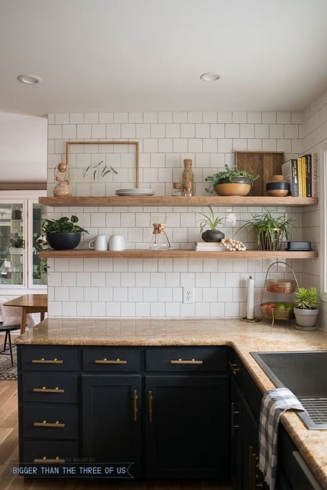 DIY Open Shelving in the Kitchen Diy Open Shelving, Kitchen Ikea, Cabinets Countertops, Kabinet Dapur, Countertops Kitchen, Dark Kitchen Cabinets, Dark Cabinets, Kitchen Diy, Diy Cabinets