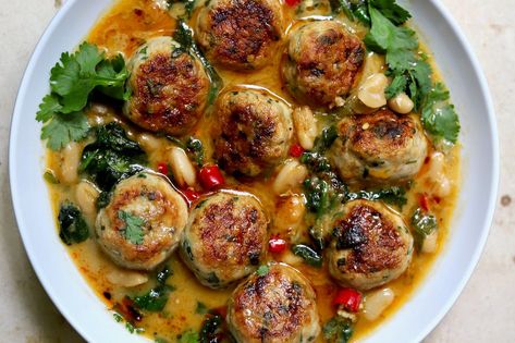 New York Times Cooking Recipes, Ali Slagle Recipes, Thai Chicken Meatball Soup, Thai Inspired Chicken Meatball Soup, Asian Meatball Soup, Thai Meatball Soup, Ali Slagle, New York Times Recipes, Soup With Cannellini Beans