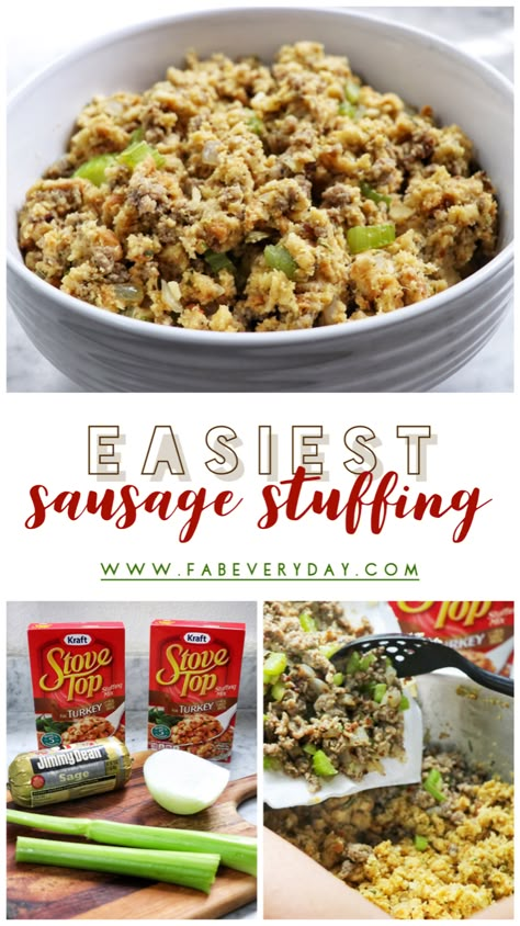 Easiest Sausage Stuffing Recipe - Thanksgiving Side Dish Hack! - Fab Everyday Stuffing Recipes Thanksgiving Sausage Easy, Sausage Stuffing Using Stove Top, Stuffing And Sausage Recipes, Sausage And Stove Top Stuffing, Stuffing With Pork Sausage, Stovetop Stuffing Hacks, Sausage Stuffing With Stove Top, Sausage Stove Top Stuffing, Stove Top Sausage Stuffing