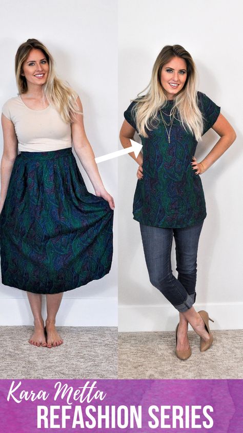 Turn A Skirt Into A Top, Skirt Into Top Diy, How To Turn A Dress Into A Top, Diy Tunic Top, Diy Dress Refashion, Repurposing Clothing, Skirt Refashion, Diy Tunic, Old Wardrobe