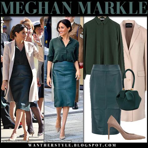 Meghan Markle in green leather pencil skirt, green shirt and beige coat #royalfamily #royals #fashion #style #duchess #outfit Green Leather Skirt Outfit, Green Pencil Skirt Outfit, Meghan Outfits, Green Leather Pencil Skirt, Green Shirt Outfit, Green Skirt Outfit, Estilo Meghan Markle, Green Leather Skirt, Pencil Skirt Diy