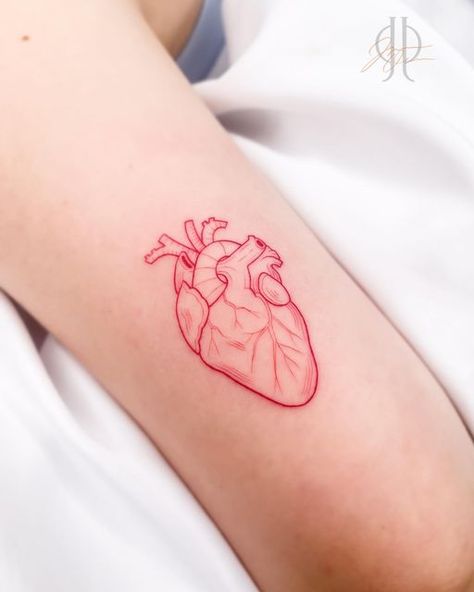 Fine Line Heart Tattoo, Line Heart Tattoo, Fine Line Heart, Tattoos Fine Line, Tattoo Desings, Color Rojo, Fine Line, Heart Tattoo, Color Tattoo