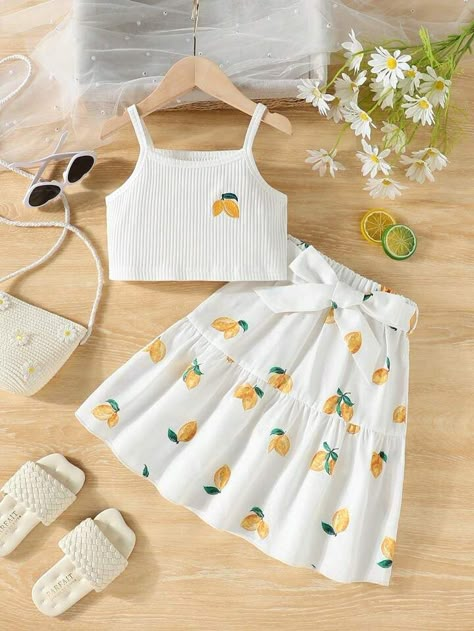 SHEIN Young Girl's Summer New Mango Printed Tank Top & Skirt Set, Simple And Chic | SHEIN USA Vegetable Plants, Tank Top Skirt, Earthy Outfits, Summer Outfits Kids, Cute Dress Outfits, Trendy Dress Outfits, Top Skirt Set