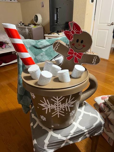 Giant Hot Cocoa Mug Diy, Diy Giant Hot Cocoa Cup, Gingerbread Diy Decorations, Gingerbread Porch, Gingerbread Hot Cocoa, Christmas Cardboard, Christmas Parade Floats, Gingerbread Diy, Gingerbread Crafts